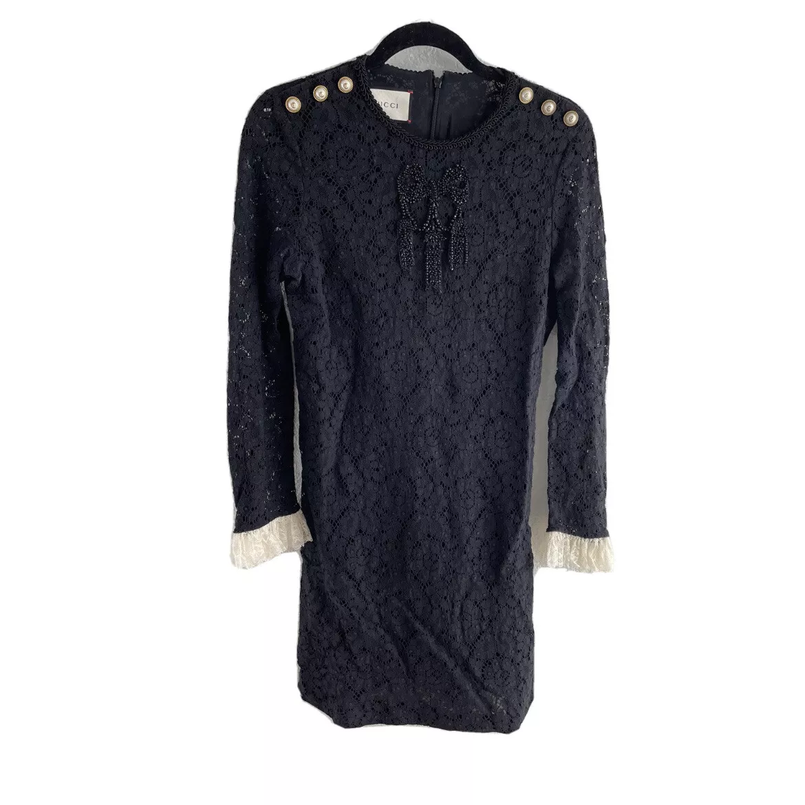 Robe à manches longues à manches longues noire blanche Gucci nœud perle boutons logo GG FR 44