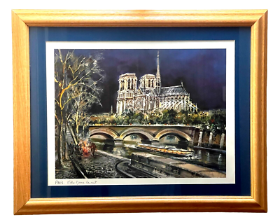 Maurice Legendre Litho Print Paris Notre Dame at Night 50's Street