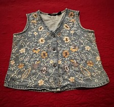 VTG AGAPO DENIM WOMENS VEST EMBROIDERED FLOWERS SIZE S