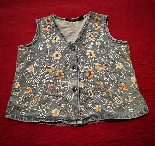 VTG AGAPO DENIM WOMENS VEST EMBROIDERED FLOWERS SIZE S - Picture 1 of 10