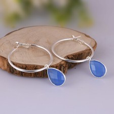 Pear Blue Chalcedony Huggie Hoop Earring In Sterling Silver Jewelry Earrings