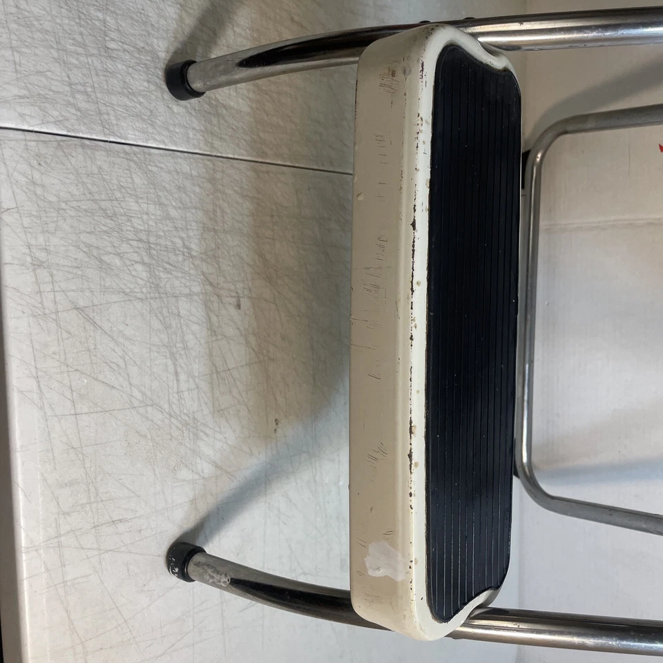 Vintage Cosco Folding Two Step Stool Metal Creamy White & Chrome MCM Kitchen - Image 4 of 4
