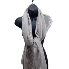 Women's Scarf Beige Embroidered Floral Petals Silver White Sheer 36/74" Wrap