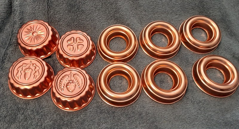 10 individual Vintage Copper Jello Molds, 2 Acorn Circles, Shamrock Circle, Star