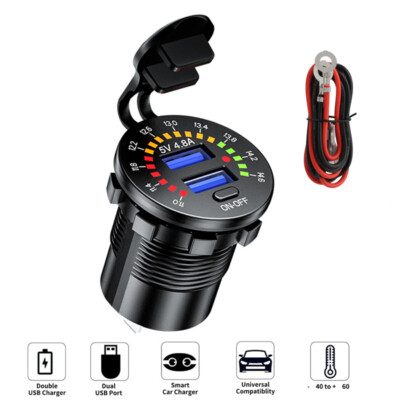 12V 4.8A Dual USB Car Fast Charger Socket Power Outlet LED Voltmeter Waterproof