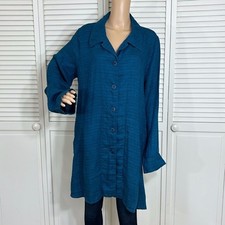 Flax 100% Linen Relaxed Lagenlook Blue Button Closure Jacket Coat Size Large
