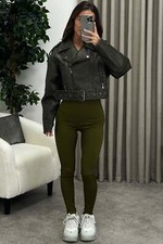 Imane Khaki Washed Faux Leather Pu Zip Up Belted Cropped Biker Jacket