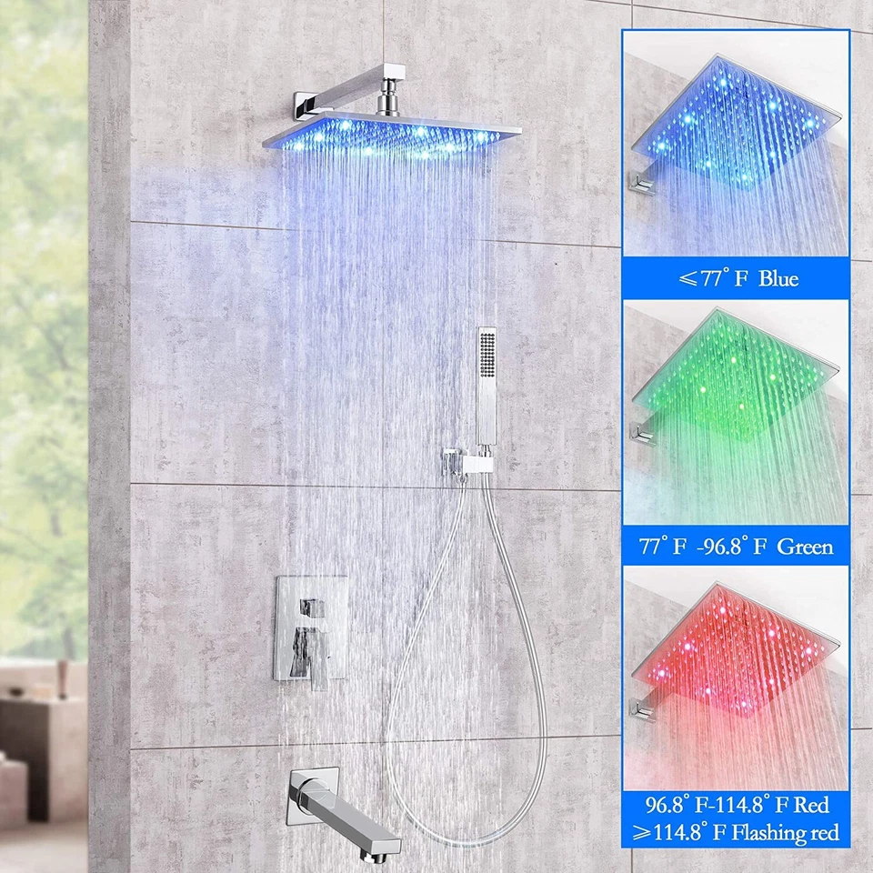 Shower Faucet Set System 8" Led Rain Head Combo Mixer Valve Wall Mount Chrome - Image 2 of 4