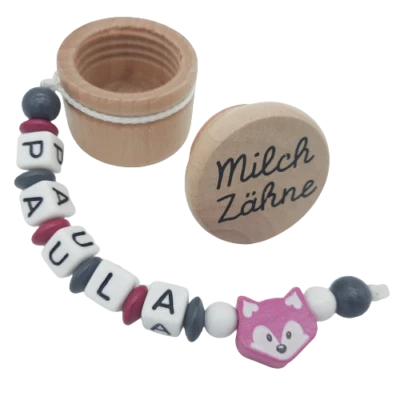 FRAU ELSE Milchzahndose mit Namen Geschenk Geburtstag Einschulung Mädchen Holz Fuchs pink