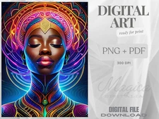 African Woman, Neon Lights, Glowing Lines, Digital AI Art, Wall, Poster, Print