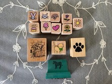 Vintage 1980s/90s lot of 13 Wood Rubber Stamps Hero Arts Cats Paw Print Flowers