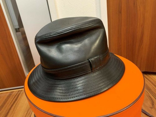 HERMES black leather hat lamb leather 