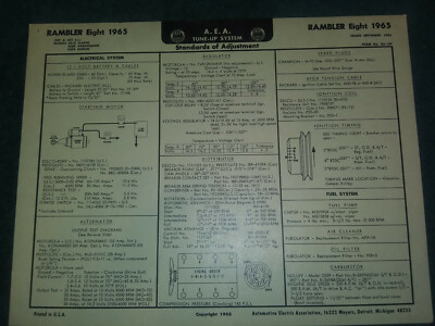 1965 RAMBLER V-8 MODELS A.E.A TUNE-UP CHART / 287 AND 327 / USEFUL ITEM