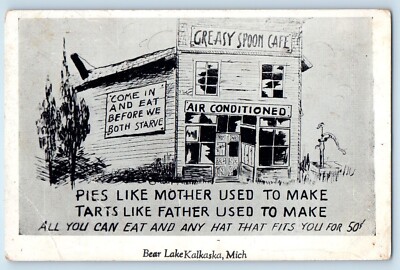 c1940 Kalkaska Michigan Postcard Bear Lake Greasy Spoon Cafe Pies Like Mother