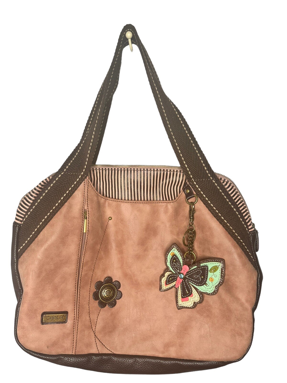 Chala Handbag Bowling Zip Tote Large Bag Vegan Leather Dusty Rose Butterfly eBay