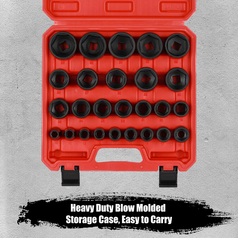 26PCS 1/2" Drive Impact Socket Set,Metric,Shallow,10mm to 36mm Cr-Mo Alloy Steel - Image 4 of 4