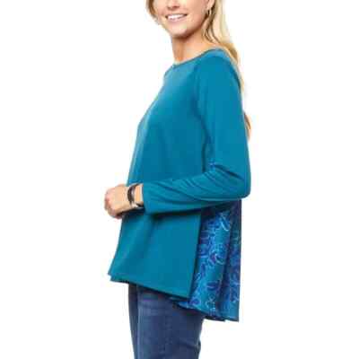 DG2 Diane Gilman Women's Printed Back HiLow Hem Top, Dpteal, 1X, 809207