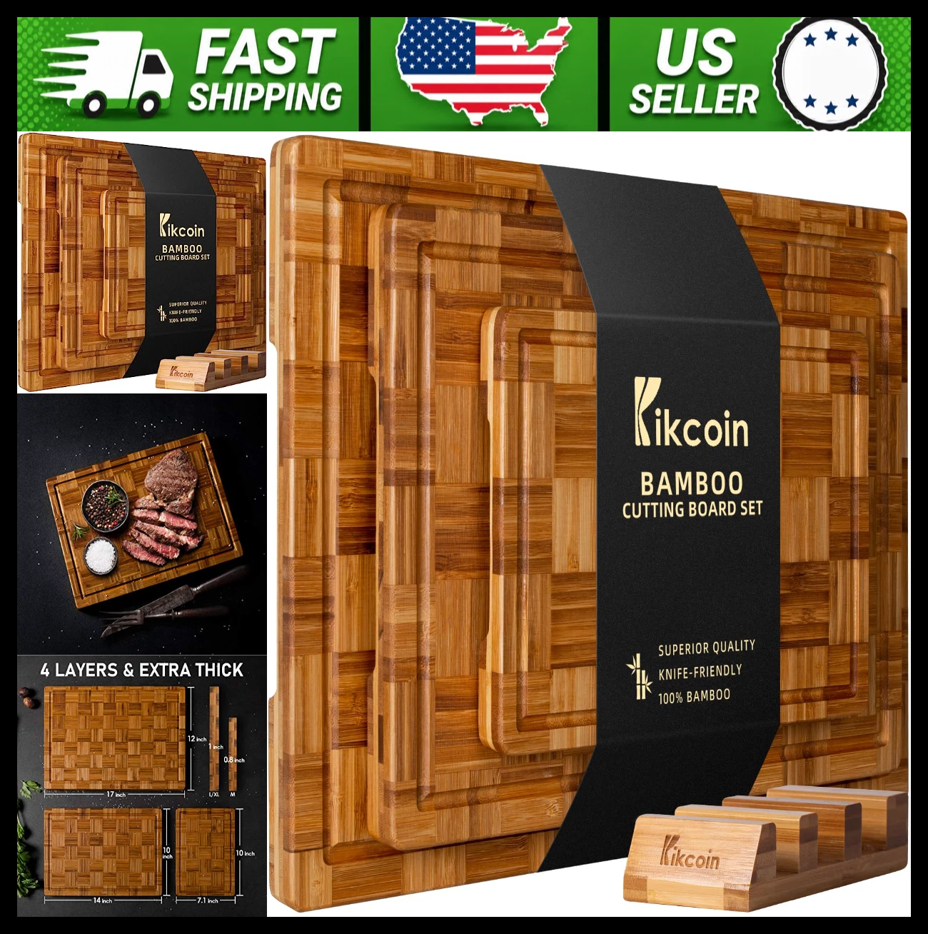 Kikcoin Bamboo Cutting Board Set of 3 with Juice Groove and Serving Tray