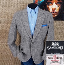 Stafford Men s 44 R HARRIS TWEED Winter Sport Coat Gray Checked LEATHER BUTTONS