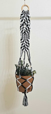 Macrame Cotton Cord Plant Hanger 37" Wooden Beads  Ring Handmade Black  White