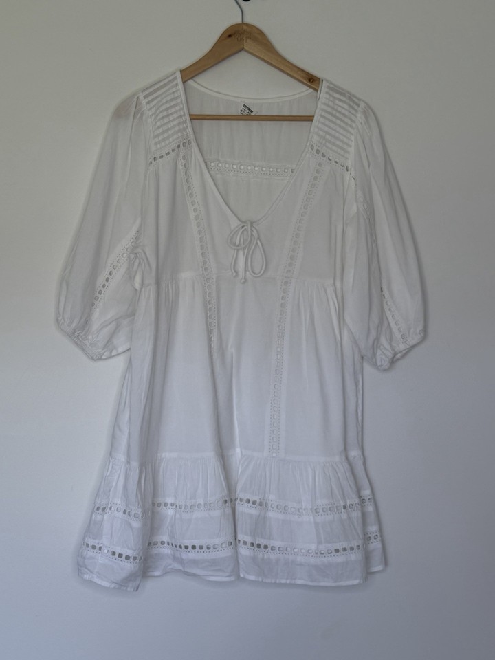 Cotton On White Eyelet Lace Boho Empire Waist Puff Sleeve Babydoll Dress Sz 8