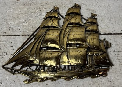 Vintage MCM SYROCO 4261 Wall Hanging Clipper Sailing Ship Gold Nautical 12x16