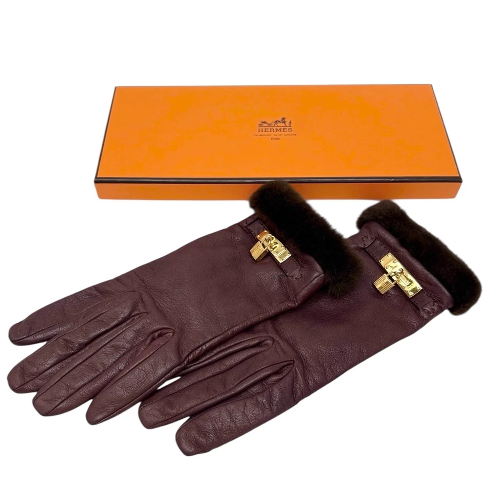 HERMES Vintage H Logo Kelly Gloves #7 Accessory Padlock Charm Purple Leather - Image 4 of 4