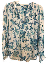 Lucky Brand Sz L Women's White Blue Floral Smocked V Neck Long Sleeve Blouse