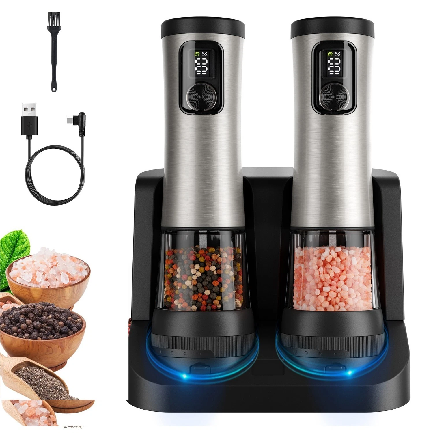 Electric Salt and Pepper Grinder Spice Mill Shaker,Adjutable Coarseness 2PCS