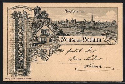 Lithographie Beckum / Westf., De Bieckumer Raoths-Püt, Raths-Sonnenuhr 1899 