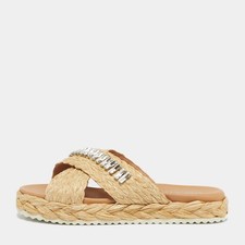 Prada Beige Raffia Crystal Embellished Platfo...