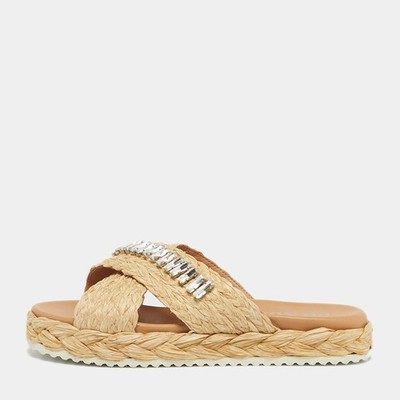 Prada Beige Raffia Crystal Embellished Platform Slide Sandals Size 36