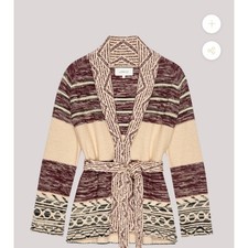 The Great The Riding Cardigan Burgundy Cream Geometric Belted Sweater Size M