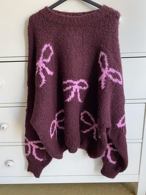 Warmer Strickpullover In Bordeaux, rosa Schleifenmuster, Gerippter Bund