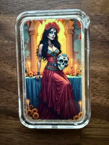 Bullion Baddies II Carlita Calavera Color 1oz .999 Pure Silver Bar w/COA Capsule