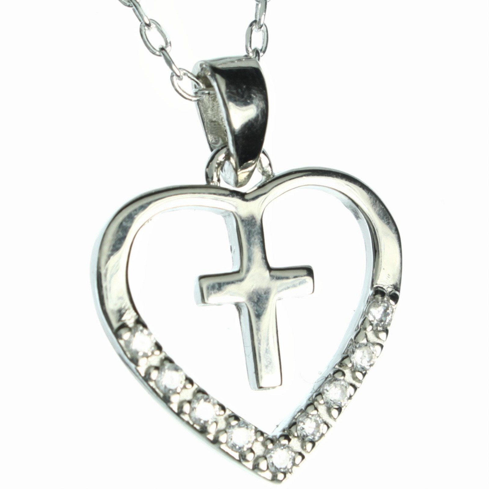 Collier en argent véritable avec pendentif double coeur croix et strass haut de gamme