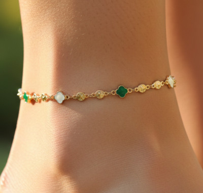 Elegant Clover Charm Anklet Emerald Green & Pearl White Enamel Chain Jewel