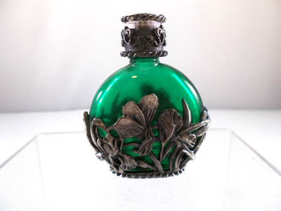 VTG Miniature Green Perfume Bottle Art Nouveau Style Dragonfly Pewter Overlay