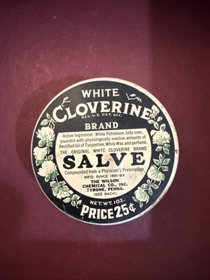 Vintage White Cloverine Brand Salve Wilson Chemical Co. Advertising Tin 1920 s