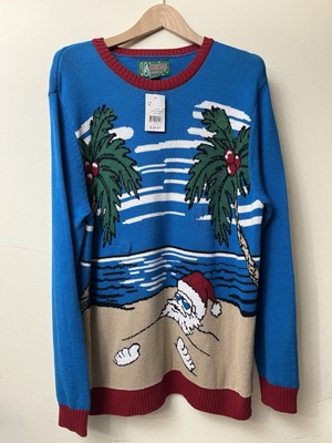 Vintage Ugly Christmas Sweater Men’s Size XL Funny Santa On Beach Parody 