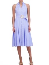 Eliza J Elegant Blue Striped Halter Midi Shirtdress Belted Sz 4 NWT $139