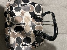 Coach Logo Tote Bag Black Beige Gray Patent Trim Detachable Strap