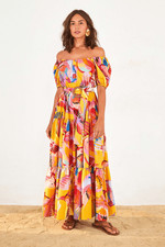 FARM Rio Neon Macaws Puff Sleeve Belted Cotton Maxi Dress
