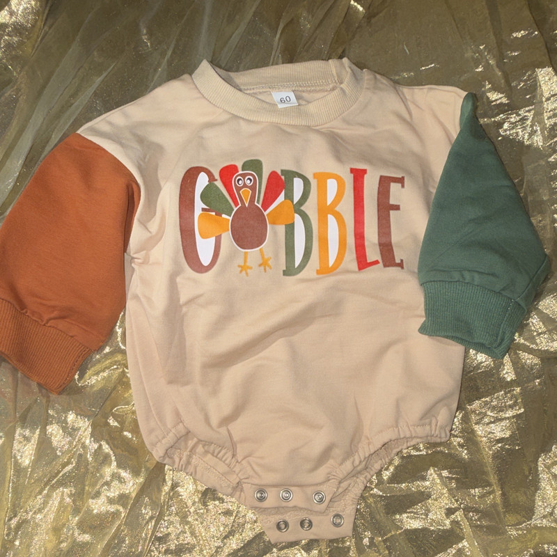 Baby Bodysuit 3-6 Mo Sleeve Turkey Graphic GOBBLE thanksgiving Fall 95% cotton