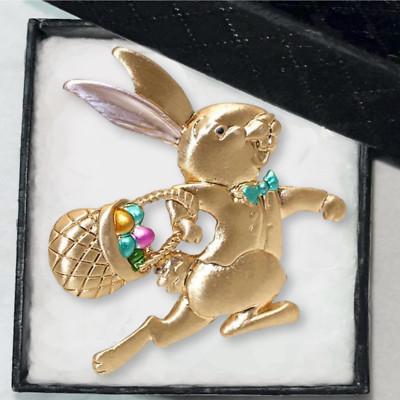 Vintage Style Golden Easter Bunny Rabbit Brooch JJ Jonette Reproduction Gift Box