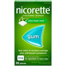 Nicorette Nicotine Gum, Quit Smoking Aid, Ultra Fresh Mint, 2 mg 30 Pieces