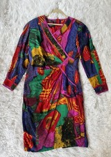 Vintage 1980s LOUIS FERAUD Abstract Print Dress 100 Pure Silk Sz 8