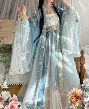 Women Gradient Blue Embroidery Traditional Chinese Hanfu Dress Cosplay Costume