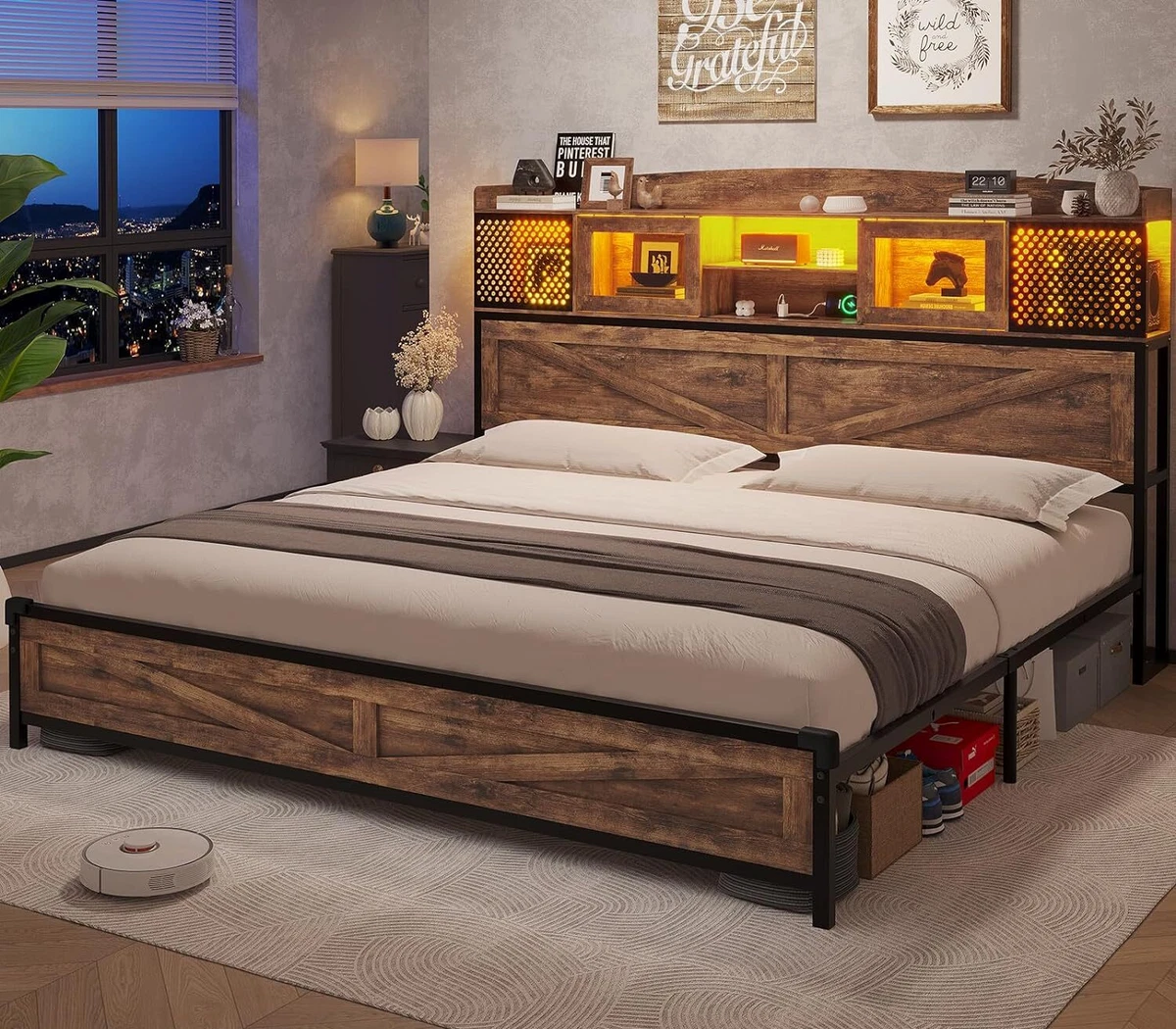 Farmhouse king bed 2024 frame with storage