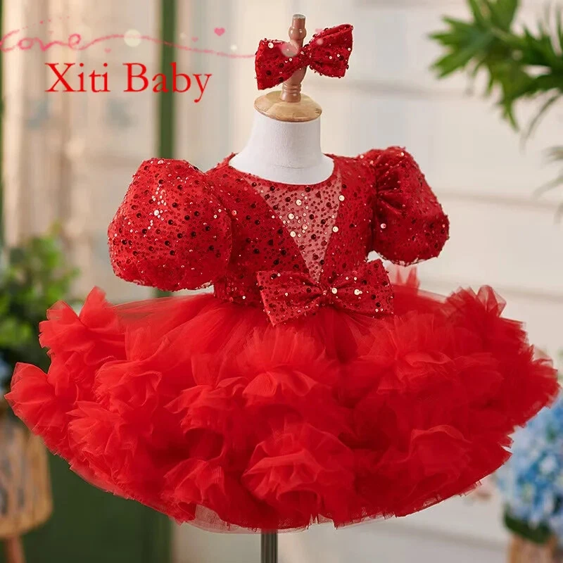 Glitter Girl Dress Ruffles Short Sleeves Cute Baby Tutu Party Gown Prom Dress - Image 4 of 4